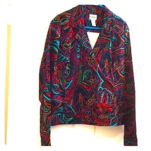 Moto style Paisley jacket, brightly colored pattern, versatile